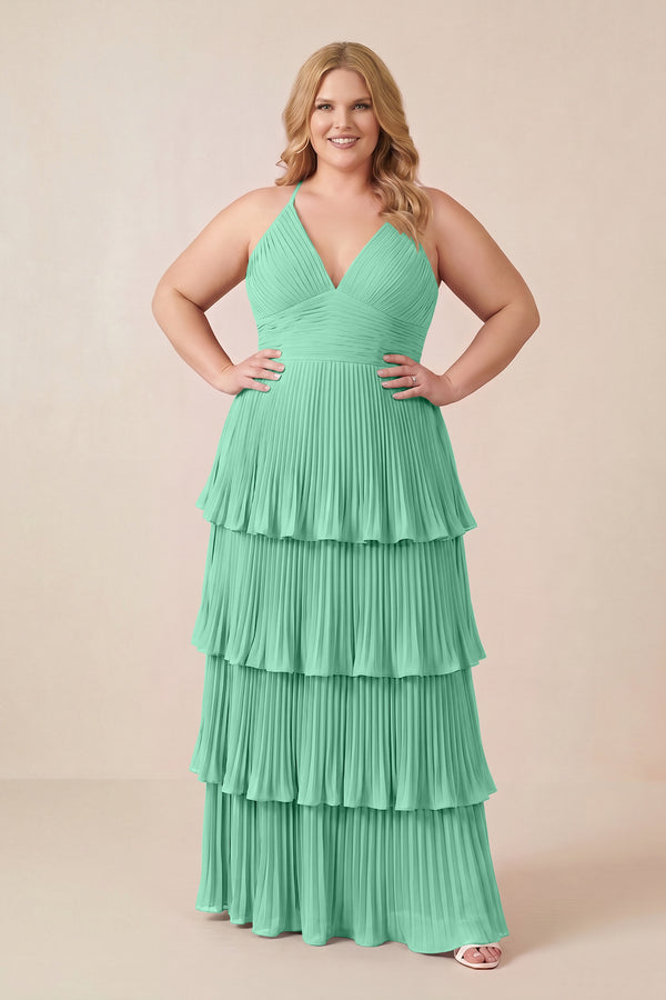 Turquoise Tiered Pleated V-Neck A-Line Chiffon Bridesmaid Dress (3) [sizeplus] | KISSBRIDAL