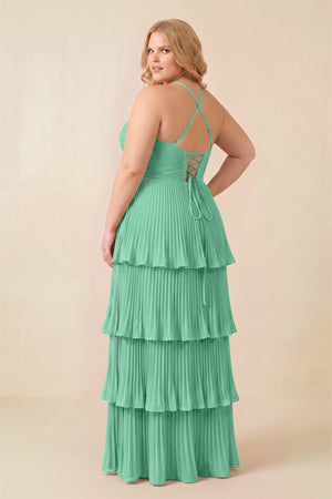 Turquoise Tiered Pleated V-Neck A-Line Chiffon Bridesmaid Dress (4) [sizeplus] | KISSBRIDAL