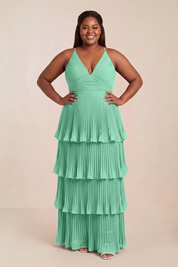 Turquoise Tiered Pleated V-Neck A-Line Chiffon Bridesmaid Dress [sizeplus] | KISSBRIDAL