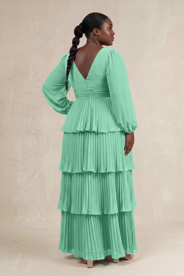 Turquoise V-Neck Tiered A-Line Long Sleeve Bridesmaid Dress (2) [sizeplus] | KISSBRIDAL