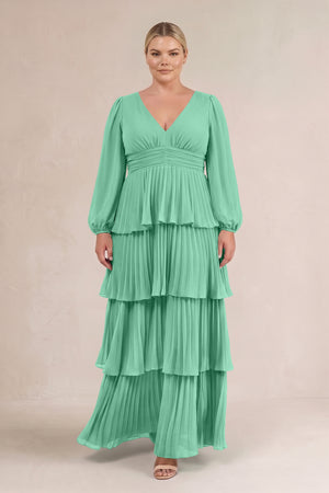 Turquoise V-Neck Tiered A-Line Long Sleeve Bridesmaid Dress (3) [sizeplus] | KISSBRIDAL