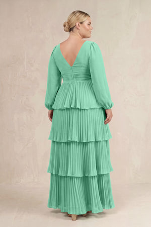 Turquoise V-Neck Tiered A-Line Long Sleeve Bridesmaid Dress (4) [sizeplus] | KISSBRIDAL