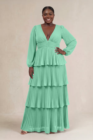 Turquoise V-Neck Tiered A-Line Long Sleeve Bridesmaid Dress [sizeplus] | KISSBRIDAL