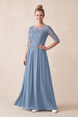 Twilight Chiffon Illusion Neck A-Line Mother of the Bride Dress With Embroidery | KISSBRIDAL