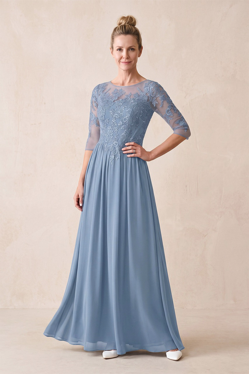 Twilight Chiffon Illusion Neck A-Line Mother of the Bride Dress With Embroidery | KISSBRIDAL