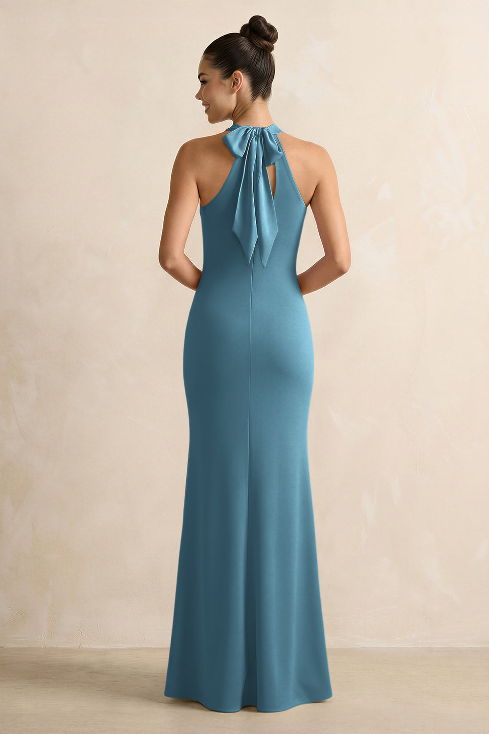 Crisscross Halter Sheath Satin Bridesmaid Dress with Bow in Twilight