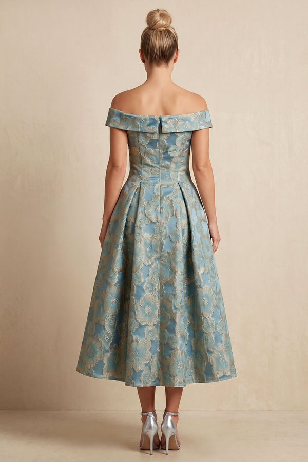 Twilight Jacquard A-Line Off-the-Shoulder Midi Mother of the Bride Dress (2) | KISSBRIDAL