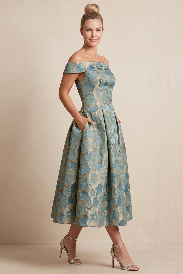 Twilight Jacquard A-Line Off-the-Shoulder Midi Mother of the Bride Dress (3) | KISSBRIDAL