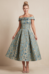 Twilight Jacquard A-Line Off-the-Shoulder Midi Mother of the Bride Dress | KISSBRIDAL