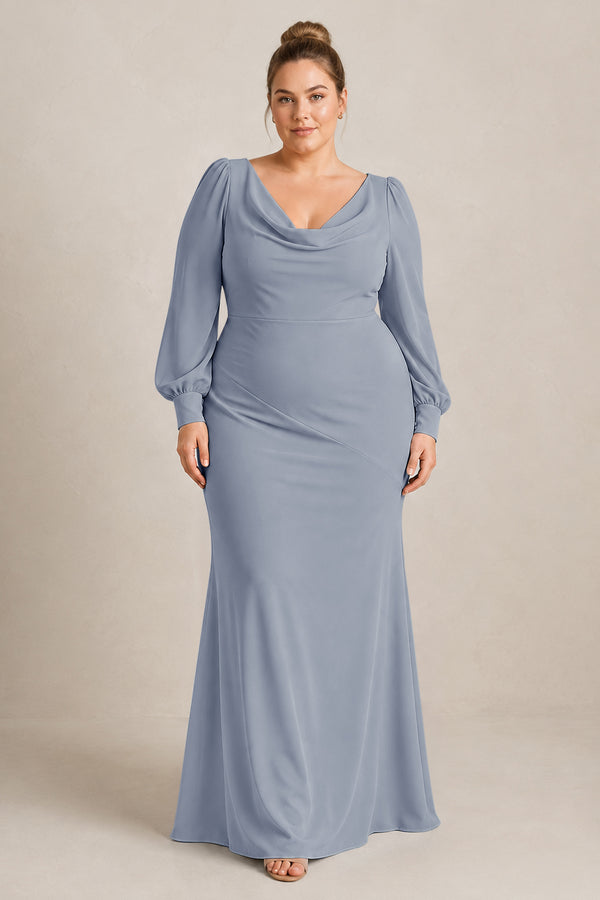 Twilight Long Sleeve V-Neck Sheath Chiffon Bridesmaid Dress [sizeplus] | KISSBRIDAL