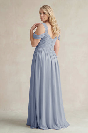 Twilight Off-the-Shoulder A-Line Chiffon Bridesmaid Dress With Slit (2) | KISSBRIDAL