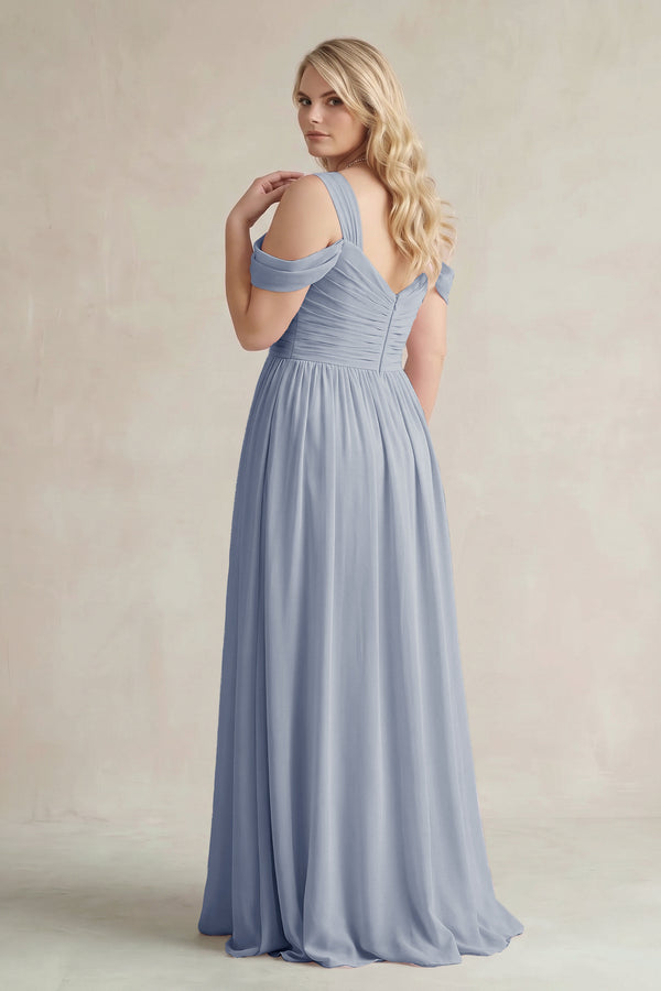 Twilight Off-the-Shoulder A-Line Chiffon Bridesmaid Dress With Slit (2) | KISSBRIDAL