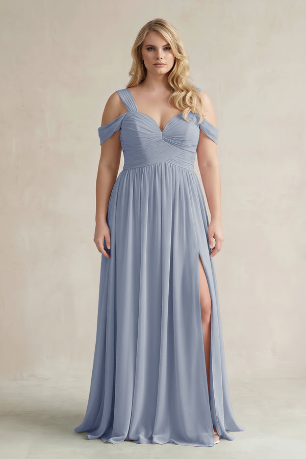 Twilight Off-the-Shoulder A-Line Chiffon Bridesmaid Dress With Slit | KISSBRIDAL