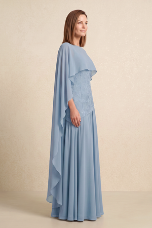 Twilight Sheath Chiffon Boat Neck Mother of the Bride Dress With Cape Sleeves (3) | KISSBRIDAL