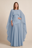 Twilight Sheath Chiffon Boat Neck Mother of the Bride Dress With Cape Sleeves | KISSBRIDAL