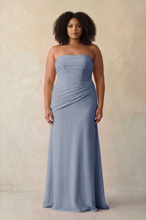 Twilight Sheath Chiffon Strapless Pleated Bridesmaid Dress | KISSBRIDAL[sizeplus]