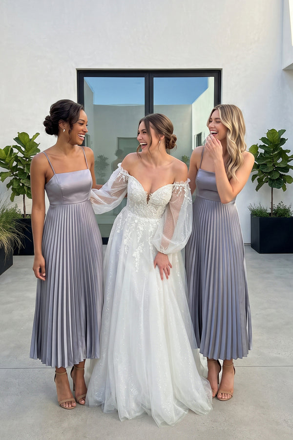Twilight Spaghetti Strap A-Line Satin Midi Bridesmaid Dress | KISSBRIDAL