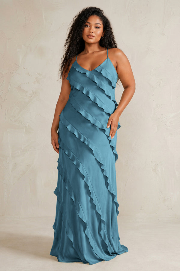 Twilight Spaghetti Straps Sheath Stain Ruffled Bridesmaid Dress (3) | KISSBRIDAL[sizeplus]