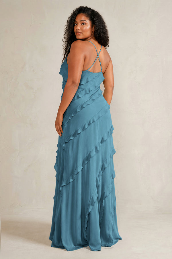 Twilight Spaghetti Straps Sheath Stain Ruffled Bridesmaid Dress (4) | KISSBRIDAL[sizeplus]