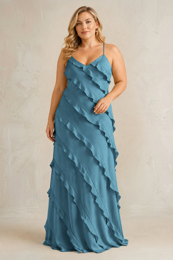 Twilight Spaghetti Straps Sheath Stain Ruffled Bridesmaid Dress | KISSBRIDAL[sizeplus]