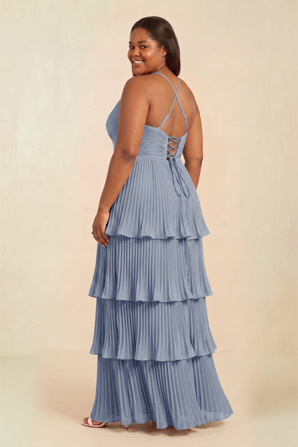 Twilight Tiered Pleated V-Neck A-Line Chiffon Bridesmaid Dress (2) [sizeplus] | KISSBRIDAL