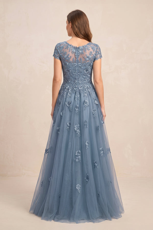 Twilight V-Neck Short Sleeves Tulle A-Line Appliqued Mother of the Brides Dress (2) | KISSBRIDAL