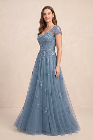 Twilight V-Neck Short Sleeves Tulle A-Line Appliqued Mother of the Brides Dress (3) | KISSBRIDAL