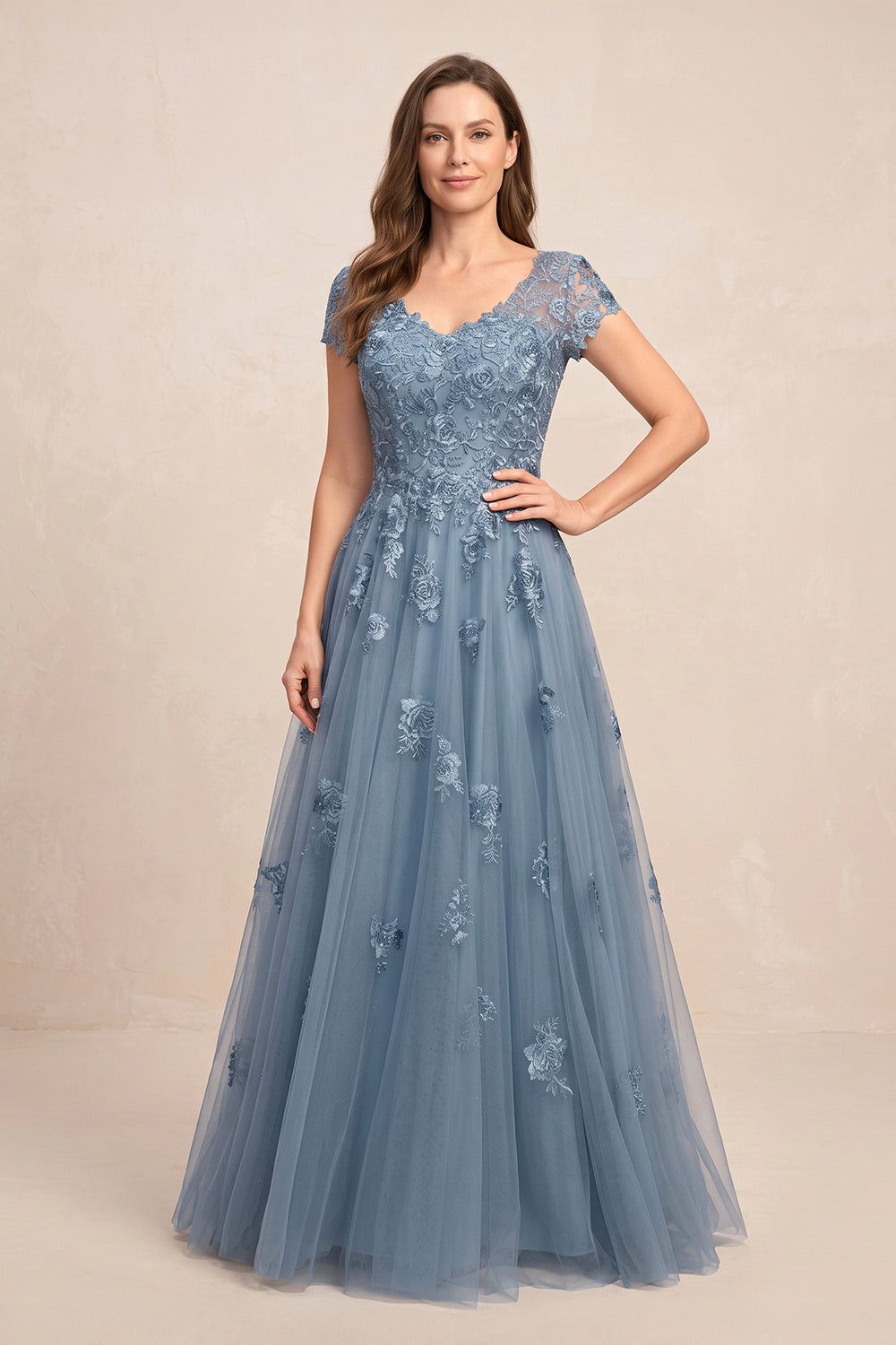 Twilight V-Neck Short Sleeves Tulle A-Line Appliqued Mother of the Bride Dress