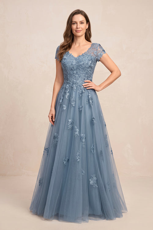 Twilight V-Neck Short Sleeves Tulle A-Line Appliqued Mother of the Brides Dress | KISSBRIDAL