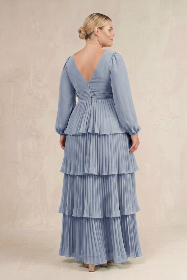 Twilight V-Neck Tiered A-Line Long Sleeve Bridesmaid Dress (4) [sizeplus] | KISSBRIDAL
