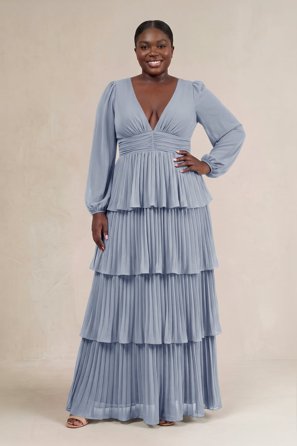 Twilight V-Neck Tiered A-Line Long Sleeve Bridesmaid Dress [sizeplus] | KISSBRIDAL