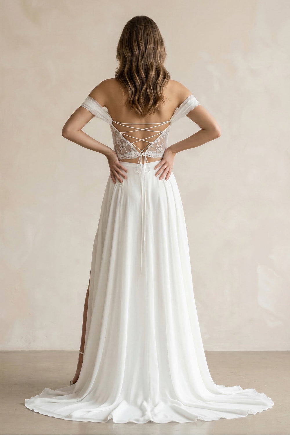 Two - Piece Chiffon Off - the - Shoulder A - Line Wedding Dress in White - KISS BRIDAL Wedding Dresses