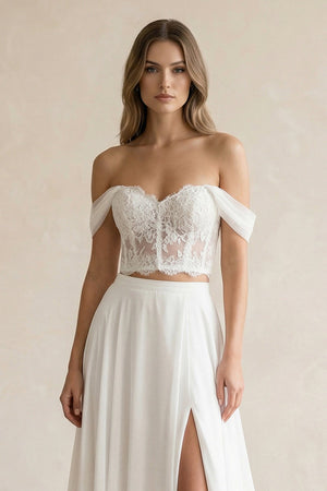 Two - Piece Chiffon Off - the - Shoulder A - Line Wedding Dress in White - SHE IS ME Wedding Dresses