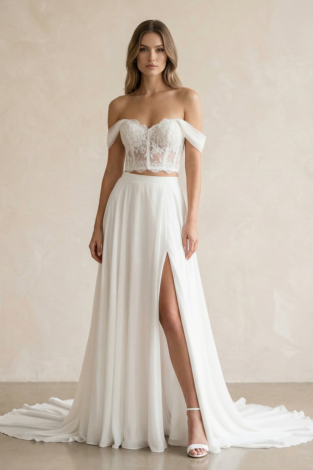 Two - Piece Chiffon Off - the - Shoulder A - Line Wedding Dress in White - KISS BRIDAL Wedding Dresses