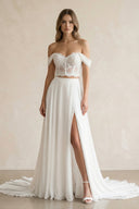 Two - Piece Chiffon Off - the - Shoulder A - Line Wedding Dress in White - SHE IS ME Wedding Dresses