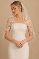 Two Tier Short Bridal Veils Lace Mid Length Wedding Veil in Ivory - KISS BRIDAL Wedding Veils
