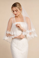 Two Tier Wedding Veils Hip Length Lace Hem Bridal Veil in Ivory - KISS BRIDAL Wedding Veils