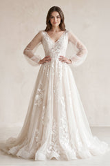 V - Neck A - Line Appliqued Tulle Long Sleeves Wedding Dress in White - KISS BRIDAL Wedding Dresses