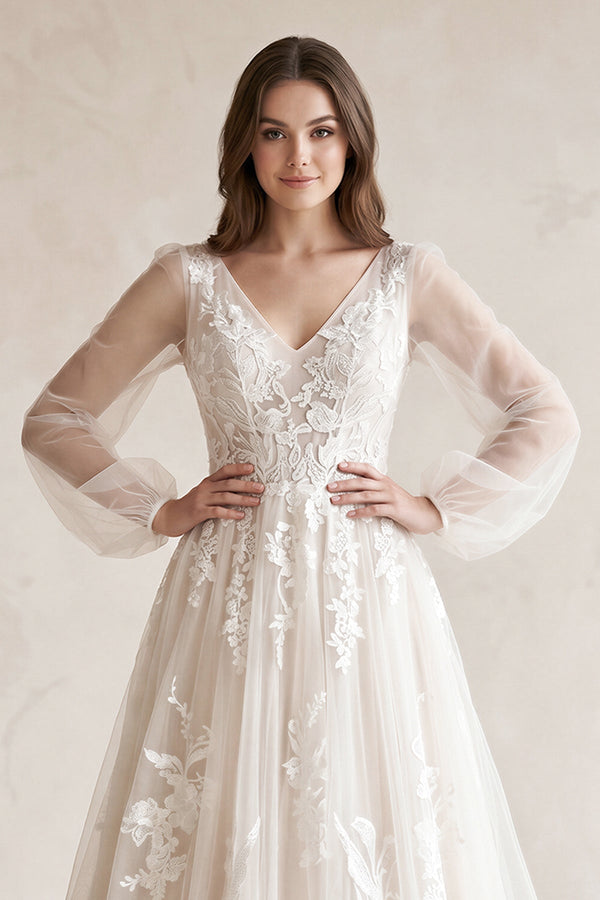 V - Neck A - Line Appliqued Tulle Long Sleeves Wedding Dress in White - SHE IS ME Wedding Dresses