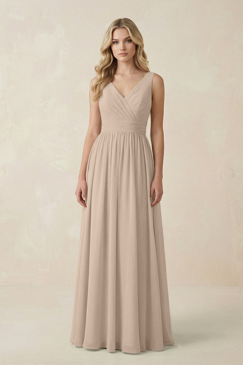 V - Neck A - Line Bridesmaid Dress with Back Bow in Almond - SHE IS ME Bridesmaid Dresses