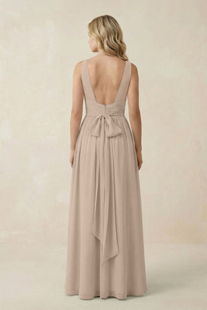 V - Neck A - Line Bridesmaid Dress with Back Bow in Almond - SHE IS ME Bridesmaid Dresses