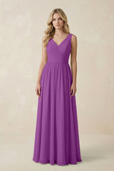 V - Neck A - Line Bridesmaid Dress with Back Bow in Amethyst - KISS BRIDAL Bridesmaid Dresses