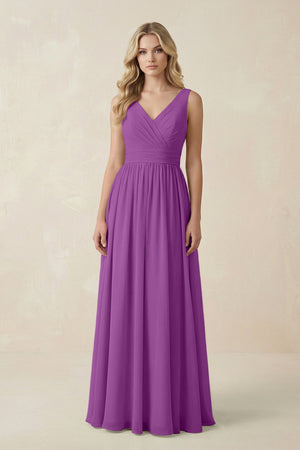 V - Neck A - Line Bridesmaid Dress with Back Bow in Amethyst - SHE IS ME Bridesmaid Dresses