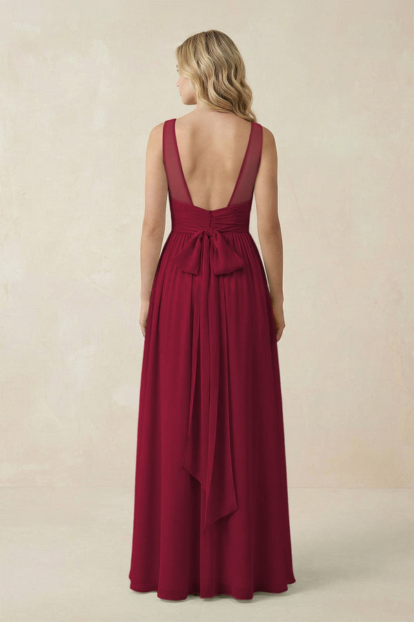 V - Neck A - Line Bridesmaid Dress with Back Bow in Berry - SHE IS ME Bridesmaid Dresses