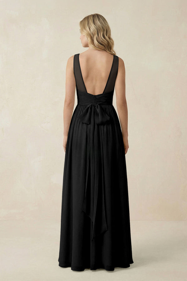 V - Neck A - Line Bridesmaid Dress with Back Bow in Black - SHE IS ME Bridesmaid Dresses
