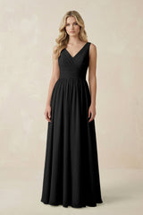 V - Neck A - Line Bridesmaid Dress with Back Bow in Black - KISS BRIDAL Bridesmaid Dresses