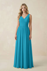 V - Neck A - Line Bridesmaid Dress with Back Bow in Blue Jay - KISS BRIDAL Bridesmaid Dresses