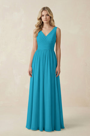 V - Neck A - Line Bridesmaid Dress with Back Bow in Blue Jay - SHE IS ME Bridesmaid Dresses