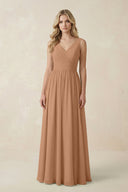 V - Neck A - Line Bridesmaid Dress with Back Bow in Bronzer - SHE IS ME Bridesmaid Dresses