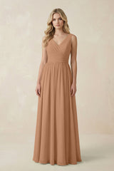 V - Neck A - Line Bridesmaid Dress with Back Bow in Bronzer - KISS BRIDAL Bridesmaid Dresses